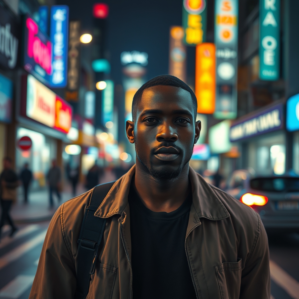 Draft: man walking a neon-lit city street at night