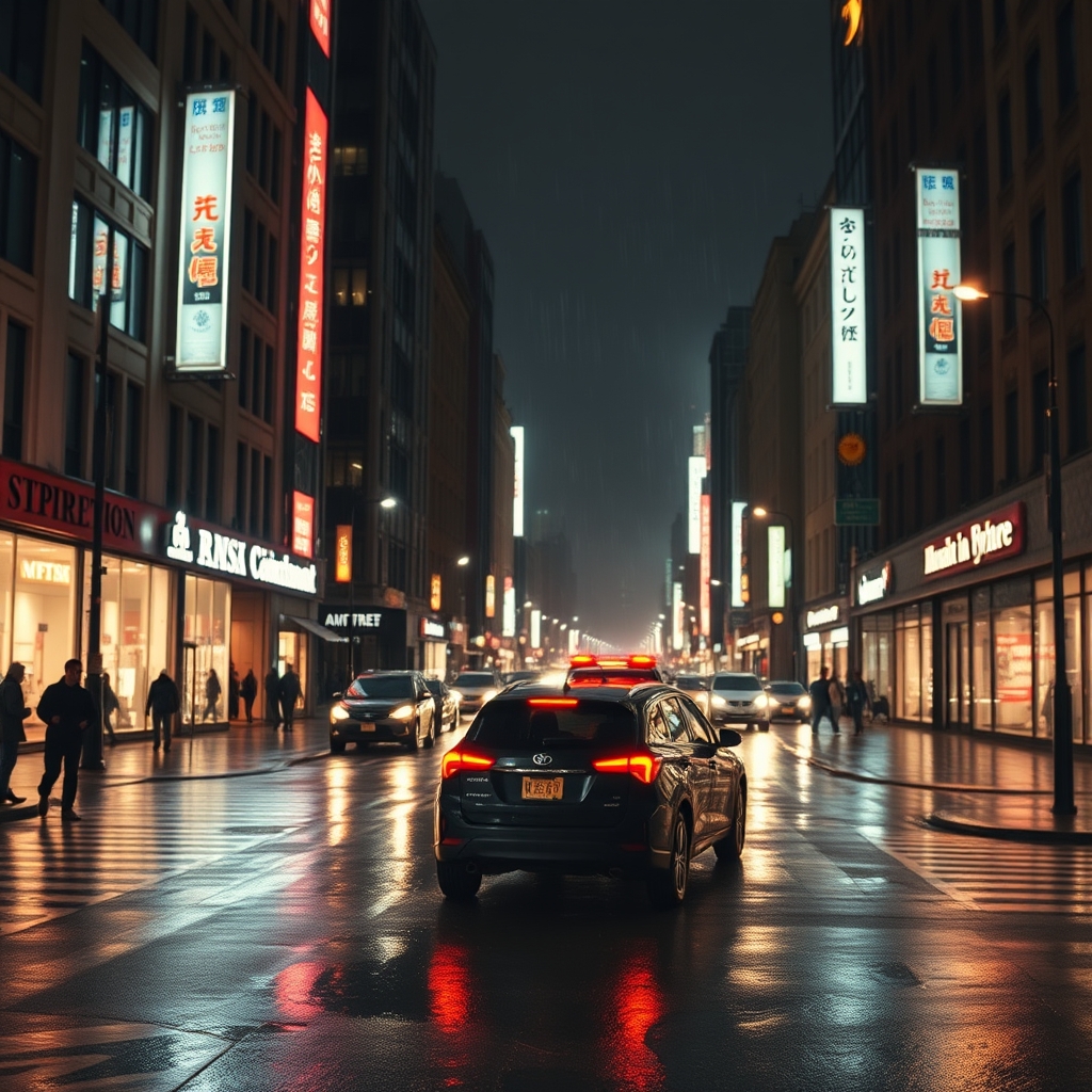 Finished film: neon-lit rainy city street at night