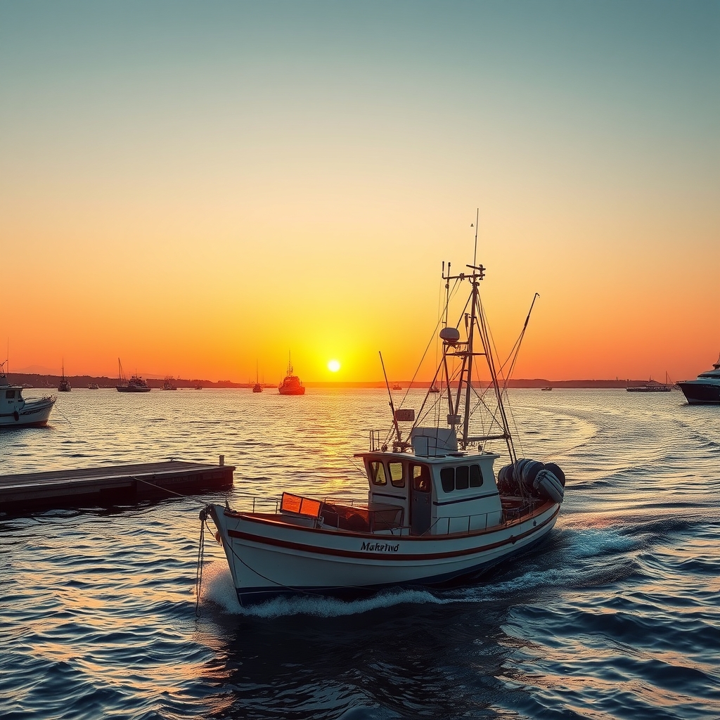 Draft: fishing boat returning to harbor at golden hour