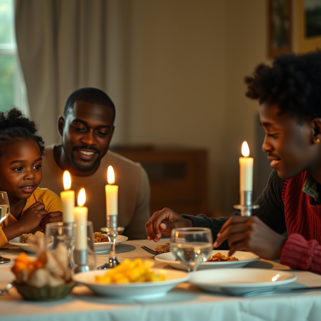 Draft: family sharing a warm meal at a dinner table lit by candlelight