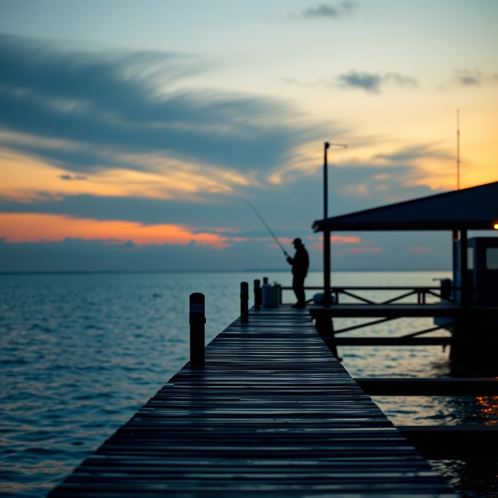 Draft: fisherman silhouette on a coastal dock at dusk