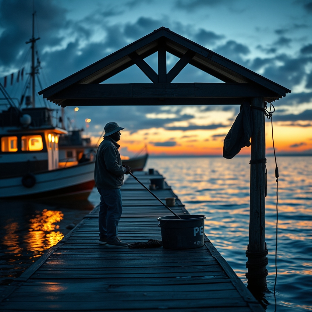 Finished film: fisherman on a coastal dock at dusk