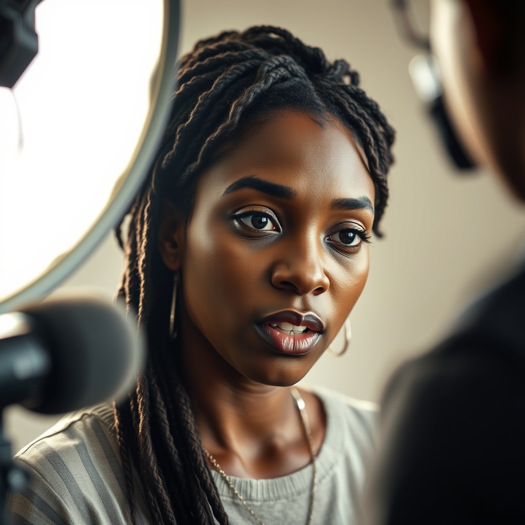 Finished film: woman being interviewed under studio lighting