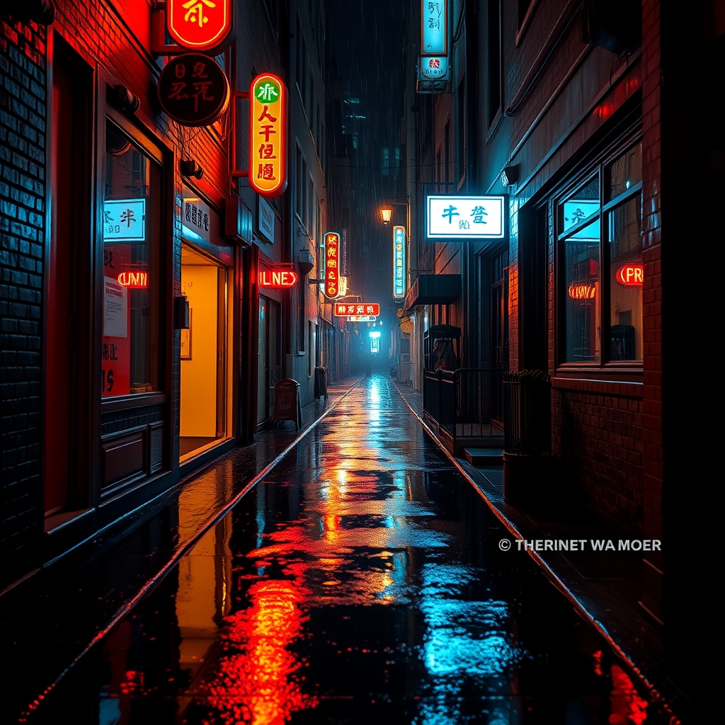 Draft: neon-lit rainy alley reflected in wet pavement at night