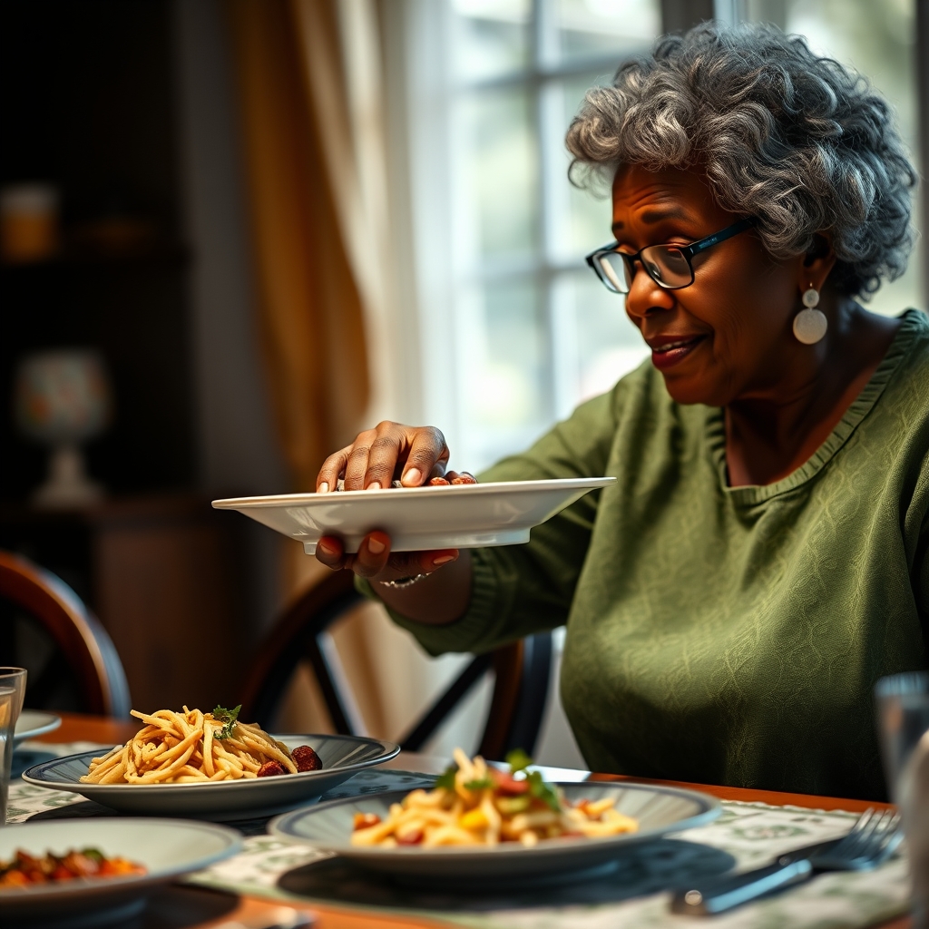 Draft: grandmother passing a dish across the dinner table