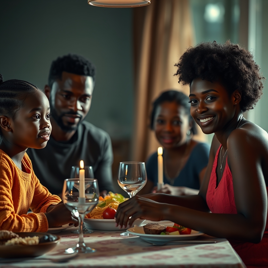 Draft: family at a dinner table under warm cinematic light